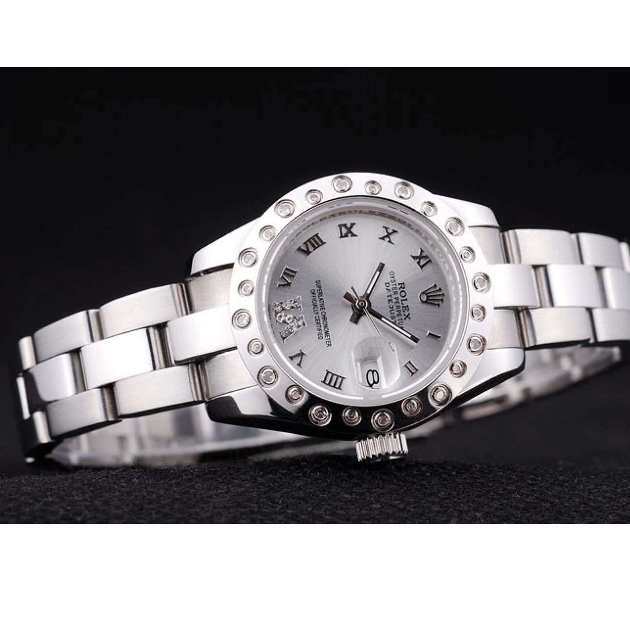 Good copy rolex watches 7474 Dial Rolex Silver Diamonds Bezel Polished Datejust Silver 0821